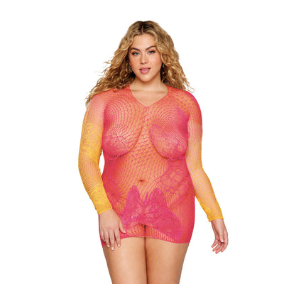 TWO-TONE OMBRE SEAMLESS BODYSTOCKING WATERMELON/MIMOSA
