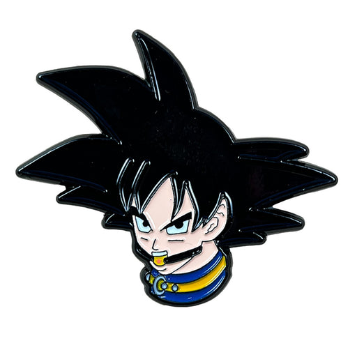 Enamel pin featuring a stylized anime character head with spiky black hair and a blue and yellow collar accessory.