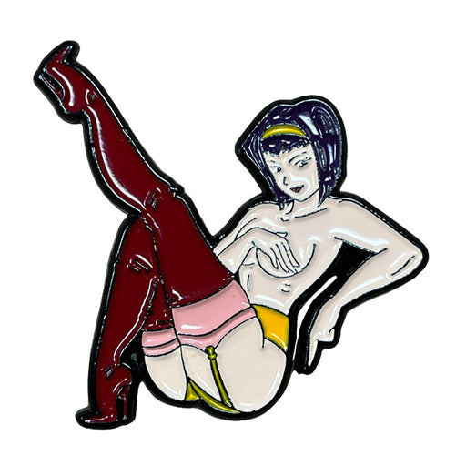 Enamel pin featuring a stylized anime-inspired character wearing thigh-high red boots and yellow lingerie in a playful pose.