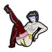 Enamel pin featuring a stylized anime-inspired figure with purple hair, yellow headband, and red thigh-high boots.
