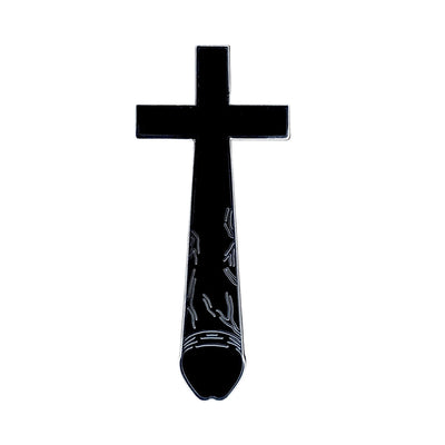 Black hard enamel crucifix pin with silver outline and subtle vein details, measuring 2 inches tall.