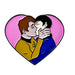 Enamel pin featuring two men in Star Trek uniforms sharing a kiss inside a pink heart background.