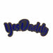 Blue enamel pin with "Yes Daddy" in bold script and silver nickel outline on white background