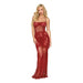 Model wearing oxblood lace bodystocking gown with bustier detail and sheer floral patterns, floor-length design.