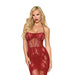Blonde woman wearing oxblood lace bodystocking gown with bustier detail and halter neck strap on white background