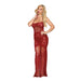 Model wearing oxblood lace bodystocking gown with bustier detail and sheer floral patterns, posing with hand on hip.