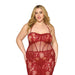 Plus size model wearing oxblood lace bodystocking gown with bustier detail and halter straps on white background.