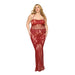 Plus size model wearing oxblood lace bodystocking gown with bustier detail and halter neck design