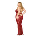Plus size model wearing oxblood lace bodystocking gown with bustier detail and open back design