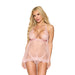 Woman wearing Dreamgirl rose quartz pink lace and polka dot mesh babydoll lingerie with matching G-string.