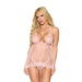 Woman wearing a rose quartz lace and polka dot mesh babydoll with matching G-string lingerie set.