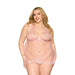 Plus size model wearing Dreamgirl rose quartz lace and polka dot mesh babydoll with matching G-string.