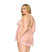 Plus size model wearing rose quartz lace and polka dot mesh babydoll with matching G-string, back view on white background.