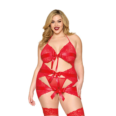 Dreamgirl Garter Slip with Bow Detail and G-String Red