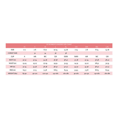 US women's lingerie size chart with measurements for bust, waist, hip, rise, and weight across sizes XS to XL and combinations.