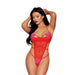 Woman wearing a red strappy mesh teddy with pink heart details and halter neck straps on a white background.
