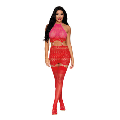 Woman wearing a pink and red heart-patterned garter teddy with attached garter clips and matching red thigh-high stockings.