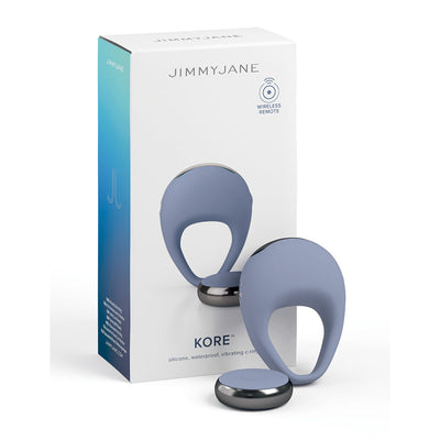 Jimmyjane Kore Cring Blue with wireless remote, silicone waterproof vibrating c-ring and sleek packaging.