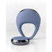 Blue silicone vibrating c-ring with matching round remote control on white background.