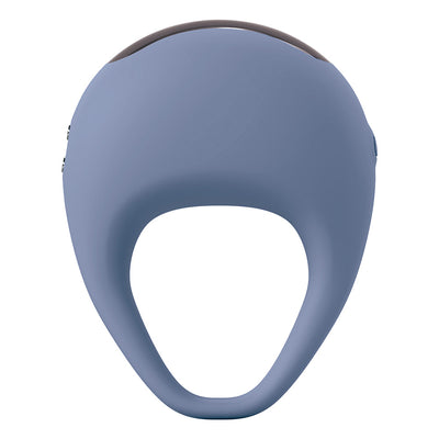 Blue silicone vibrating c-ring with smooth ergonomic design and integrated controls on the side.