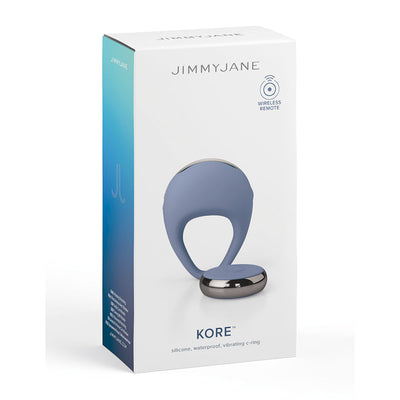 Packaging of Jimmyjane Kore Cring Blue showing a silicone waterproof vibrating c-ring with wireless remote control.