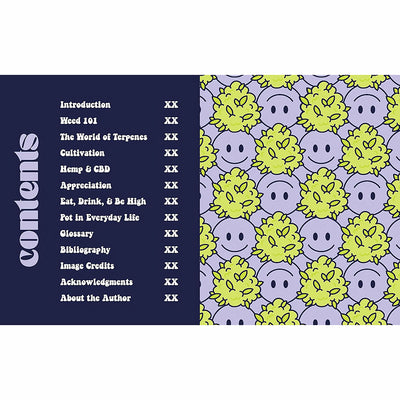 Table of contents page with cannabis-themed smiley face and bud pattern on the right side