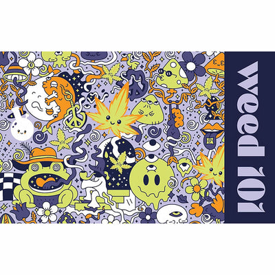 Colorful 2021 pad cover with playful cartoon characters, smiling cannabis leaves, mushrooms, and peace symbols on a purple background.