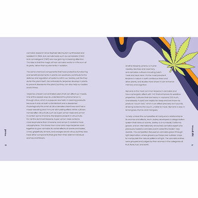 Open book spread from "WEED: Smoke it Eat it Grow it Love it" featuring text on cannabis terpenes and a colorful abstract design with a cannabis leaf.