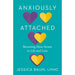 Book cover for Anxiously Attached by Jessica Baum with layered purple and yellow paper hearts on teal background.