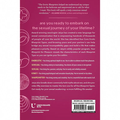 Back cover of Your Blueprint for Pleasure book describing five erotic types and sexual communication by sexologist Jaiya.