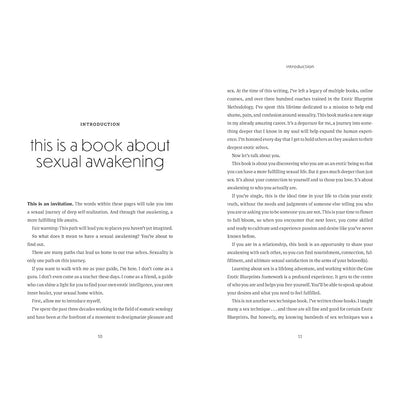 Open book showing the introduction titled "this is a book about sexual awakening" with text inviting readers on a journey of self-realization and connection.