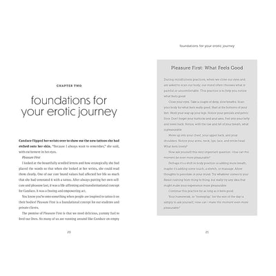 Open book showing Chapter Two titled "foundations for your erotic journey" with text about pleasure and mindfulness practices.