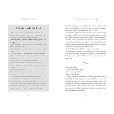Open book spread showing a guided exercise on safety and communication for intimacy from Your Blueprint for Pleasure.