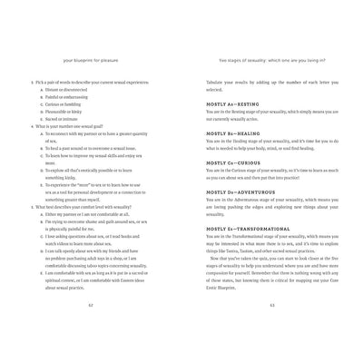 Open book pages showing a quiz and explanation of five stages of sexuality for self-assessment and personal growth.