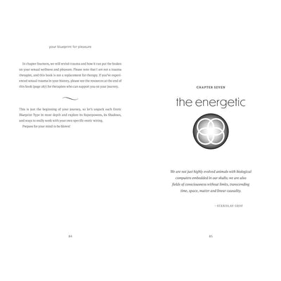 Open book spread showing chapter seven titled "the energetic" with a circular symbol and a quote by Stanislav Grof on consciousness and biology.