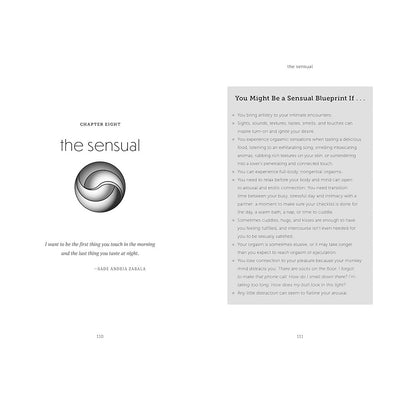 Two-page book spread from Your Blueprint for Pleasure, Chapter Eight titled "the sensual," featuring a symbolic circular design and a descriptive list of sensual traits.