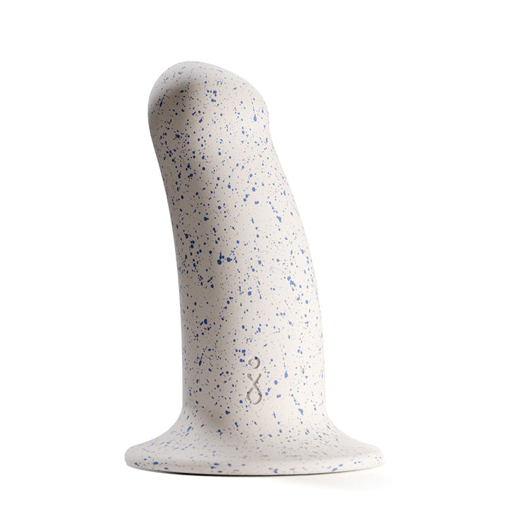 Biird Boo 5.5 inch soft silicone dildo with blue speckled pattern and suction cup base standing upright on white background.