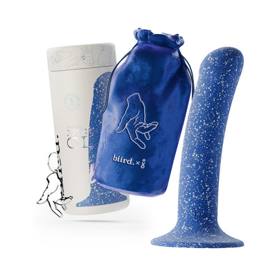 Blue speckled soft silicone dildo with suction cup base, velvet storage pouch, and decorative keychain.