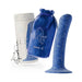 Blue speckled soft silicone dildo with suction cup base, velvet storage pouch, and decorative keychain.