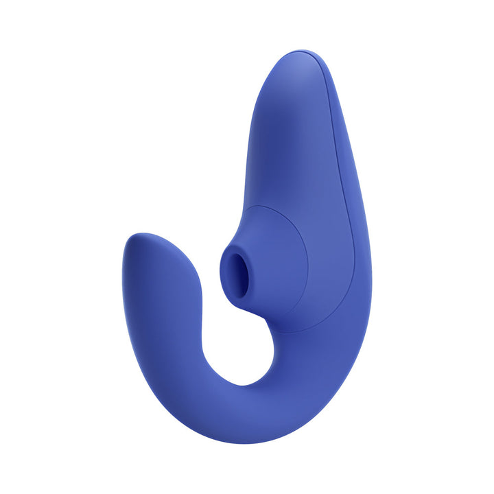 Blue ergonomic dual-stimulation vibrator with curved design and air pulse technology opening.