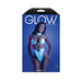 Packaging image of a model wearing a light blue iridescent glow-in-the-dark cut-out harness bodysuit with adjustable straps and snap closures.