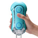 Hand holding the Tenga Flip Orb Ocean Blue with its flip-open design and clear textured interior visible.