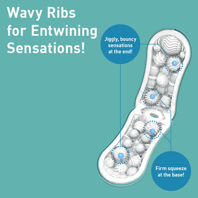 Open Tenga Flip Orb in Ocean Blue showing internal wavy ribs and orbs designed for varied sensations.