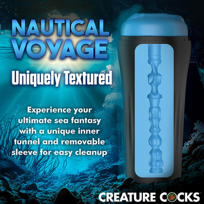 Blue sea creature stroker with textured inner tunnel and removable sleeve for easy cleaning in black case.