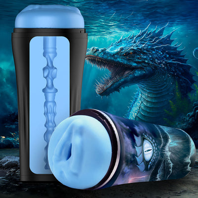 Blue sea monster-themed stroker with textured interior and black case, set against an underwater dragon background.