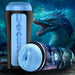 Blue sea monster-themed stroker with textured interior and black case, set against an underwater dragon background.