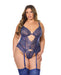 Metallic Stretch Lace & Mesh Underwire Bustier & Thong w/Adjustable Garters - Navy 1X/2X