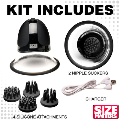 Size Matter rotating nipple suckers kit with two cups, four silicone attachments, and USB charger on white background.