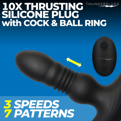 Black silicone thrusting plug with cock and ball ring and wireless remote on blue background with text.