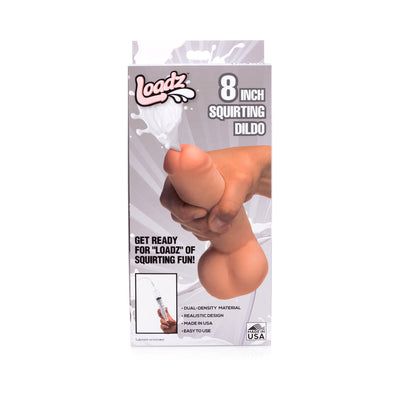 Packaging of an 8 inch realistic dual density squirting dildo with hand holding the product and product features listed.